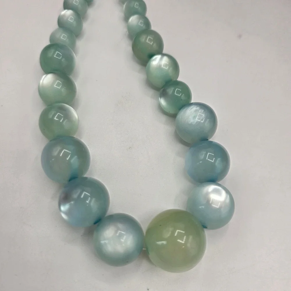 Seafoam Green Blue Cat Eye Graduated Bead Necklace Silver Tone Adjustable Clasp